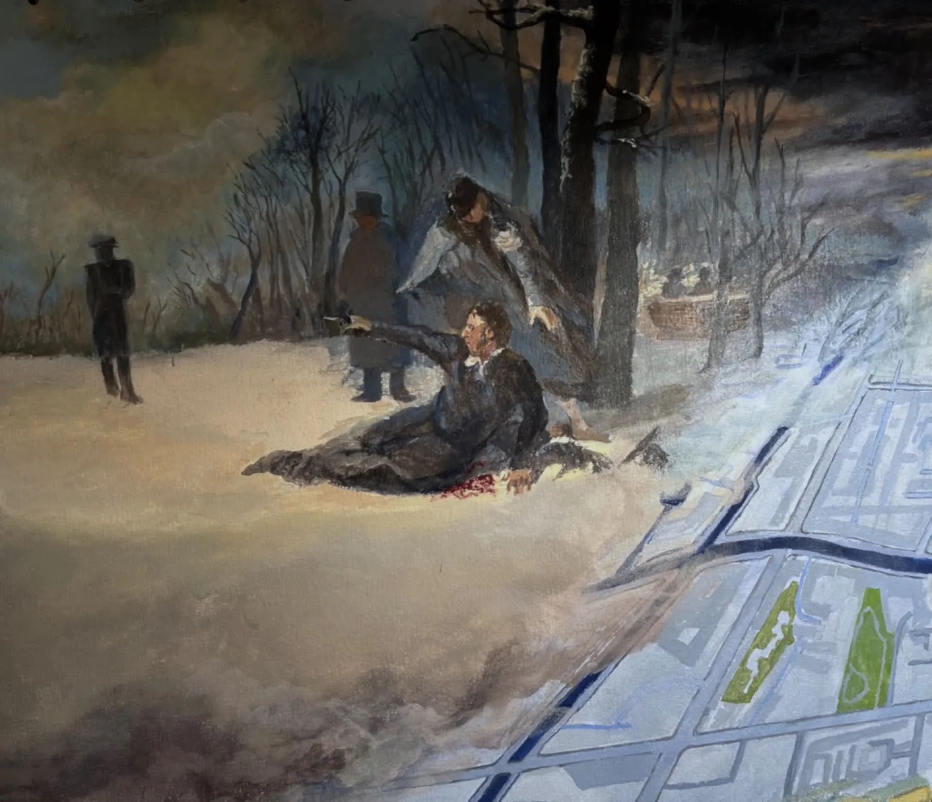Alexander Pushkin inspired Dostoevsky and his death in a duel affected him profoundly. An interpretation of a painting by Adrian Markovich Volkov (1827-1873), Duel between Alexander Pushkin and Georges d’Anthes
Adrian Markovich Volkov frames the upper left of the mural.