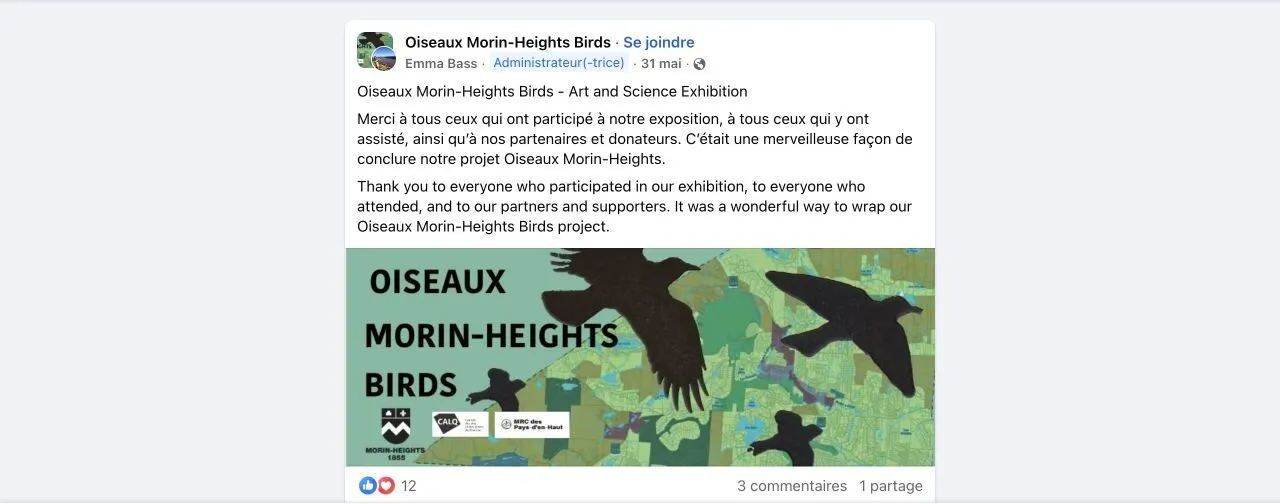A Facebook post thanking everyone who participated in and supported the Oiseaux Morin-Heights Birds exhibition